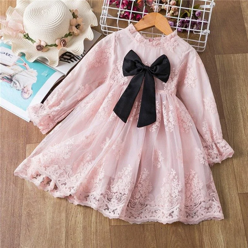 Girls Christmas Dress Girls Winter Dress With Bow Floral Lace Elegant Mesh Outfits New Year Vestido Infantil Girls Lace Dress