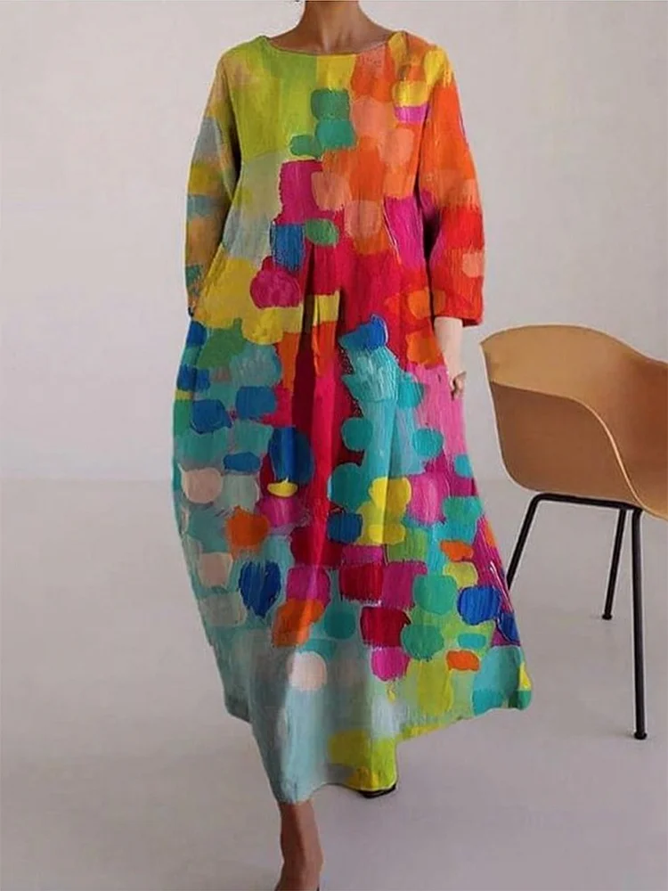 Loose Colorful Contrast Color Printed Round-Neck Midi Dresses