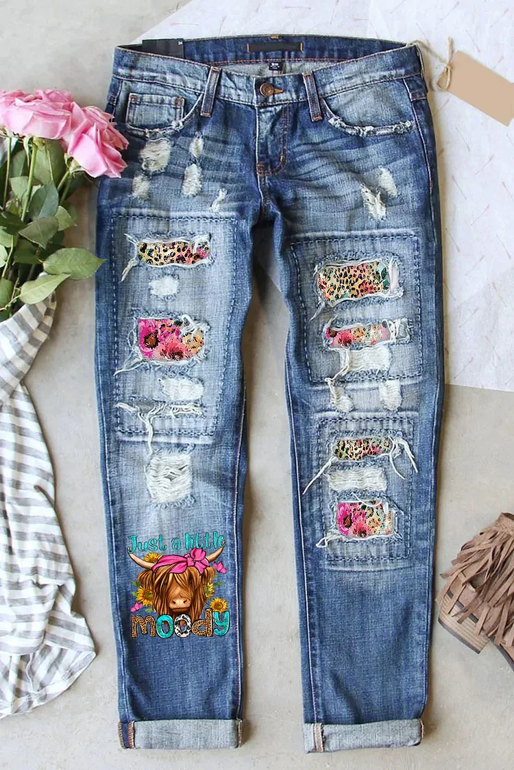 Just A little Moody Sunflower Cow Printed Ripped Jeans