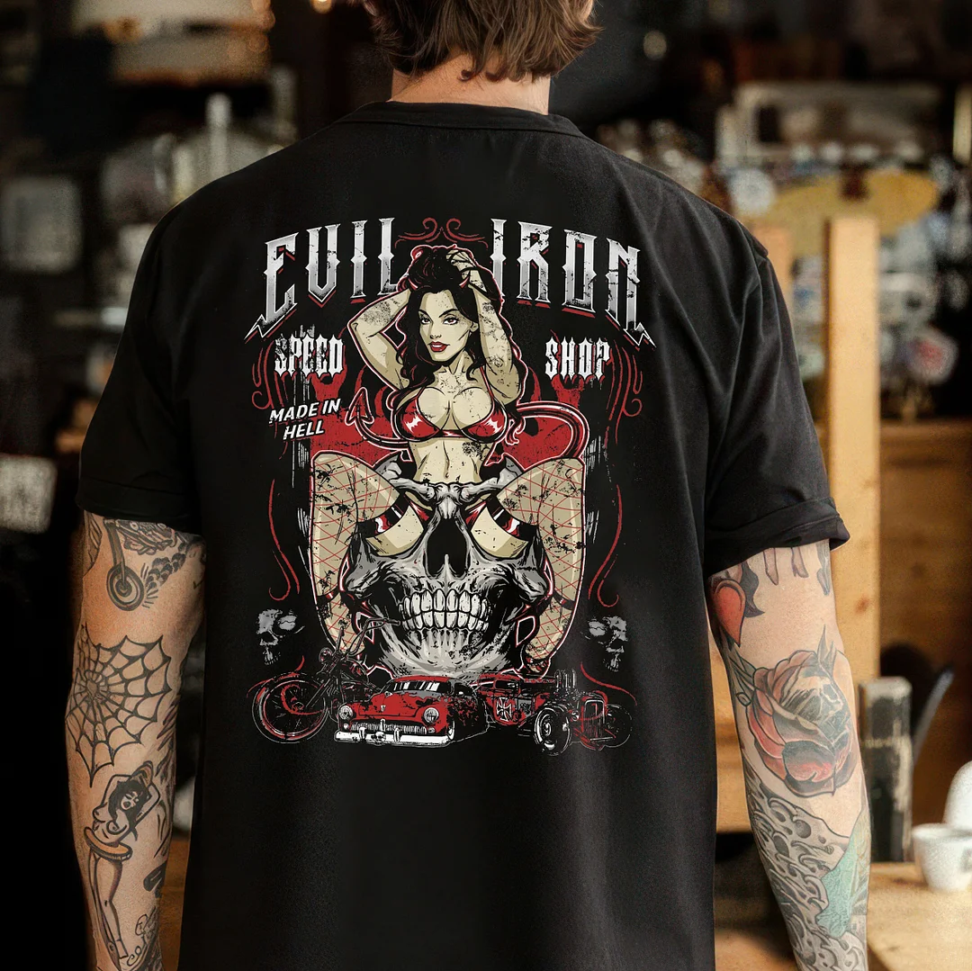 EVIL IRON SPEED SHOP Sexy Devil Lady&Skull Print Men's T-shirt