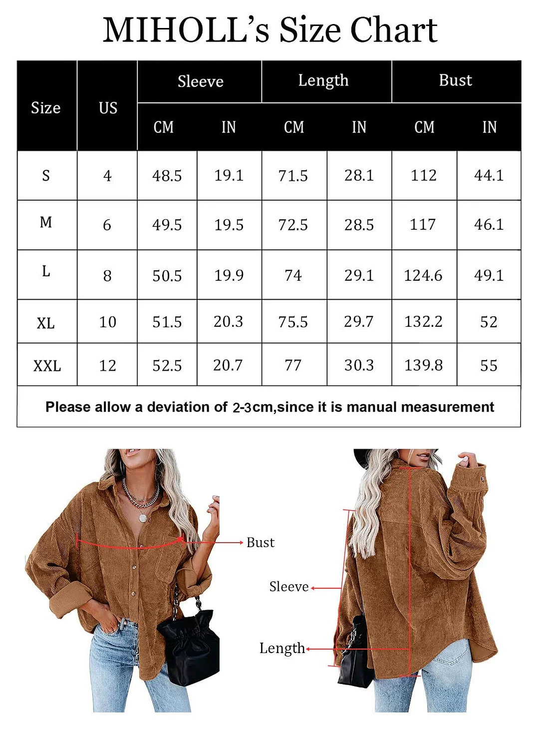 MIHOLL Women Corduroy Long Sleeve Button Down Collared Shirt Jacket Tops