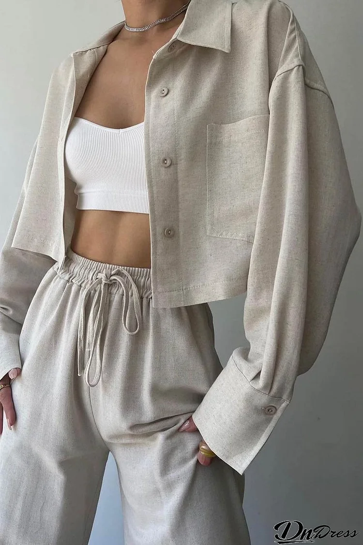 Solid Long Sleeve Shirt Crop Top Long Pants Suits