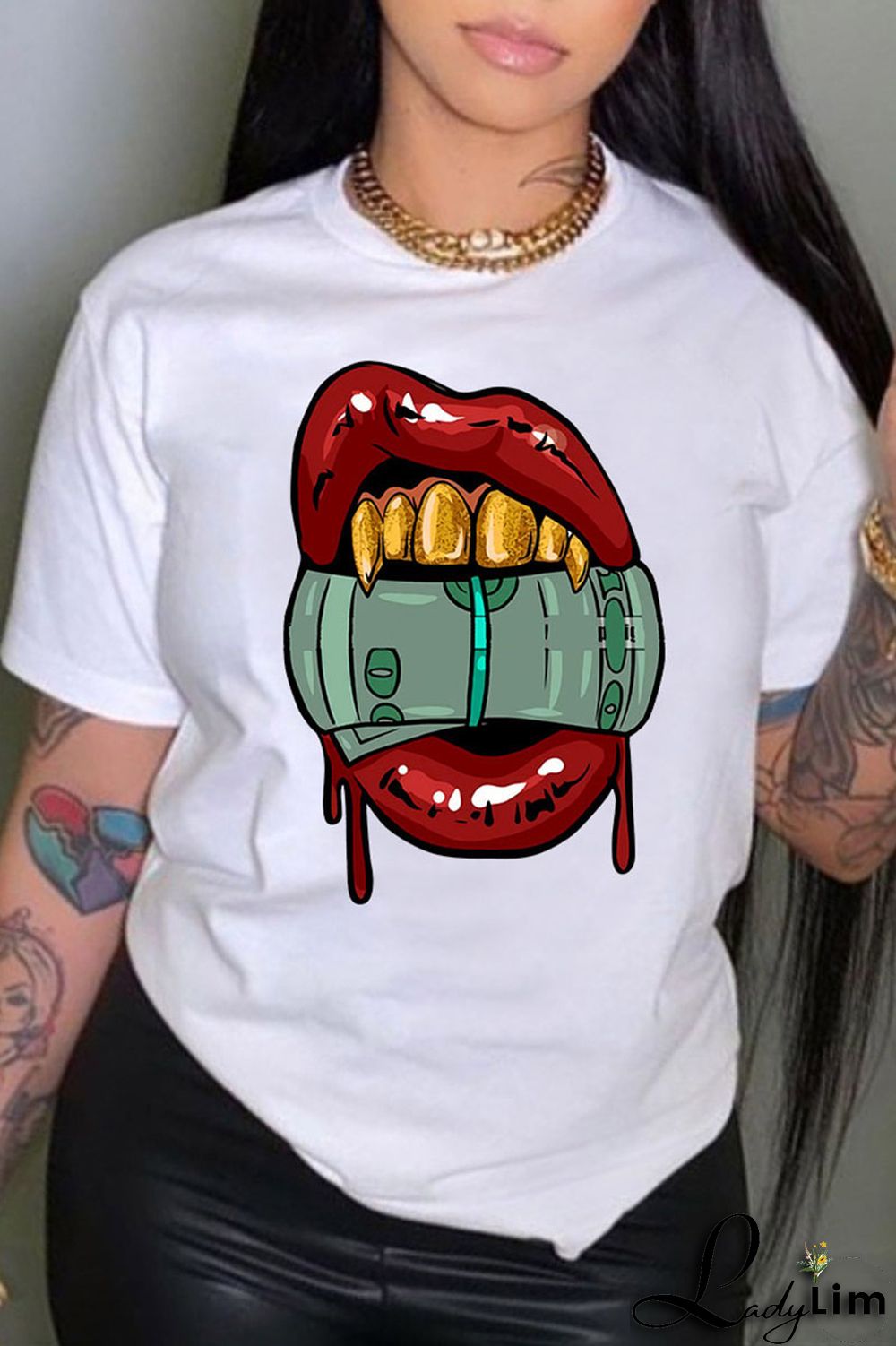 White Pink Casual Street Lips Printed Letter O Neck T-Shirts