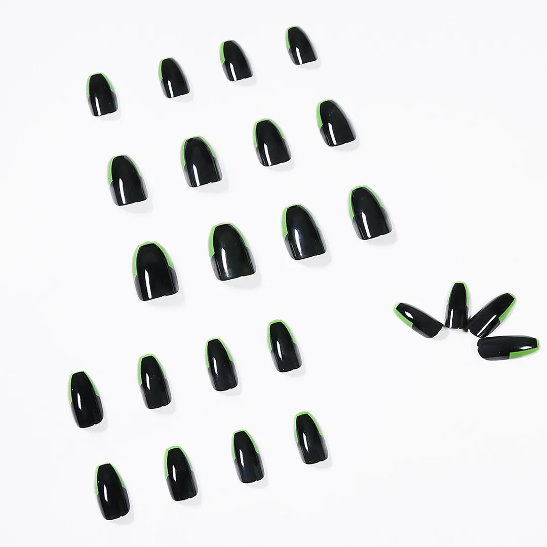 24pcs/Set French Black And Green Fake Nails Full Cover Fake Nails Glue DIY Manicure Nail Art Tools-Nail Inspo