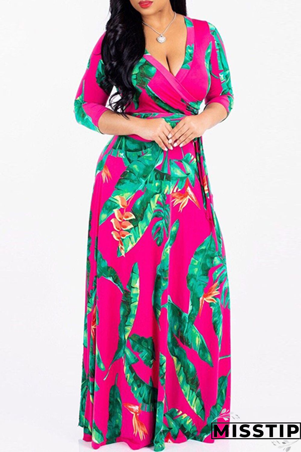 Blue Fashion Casual Print Bandage V Neck Long Sleeve Dresses