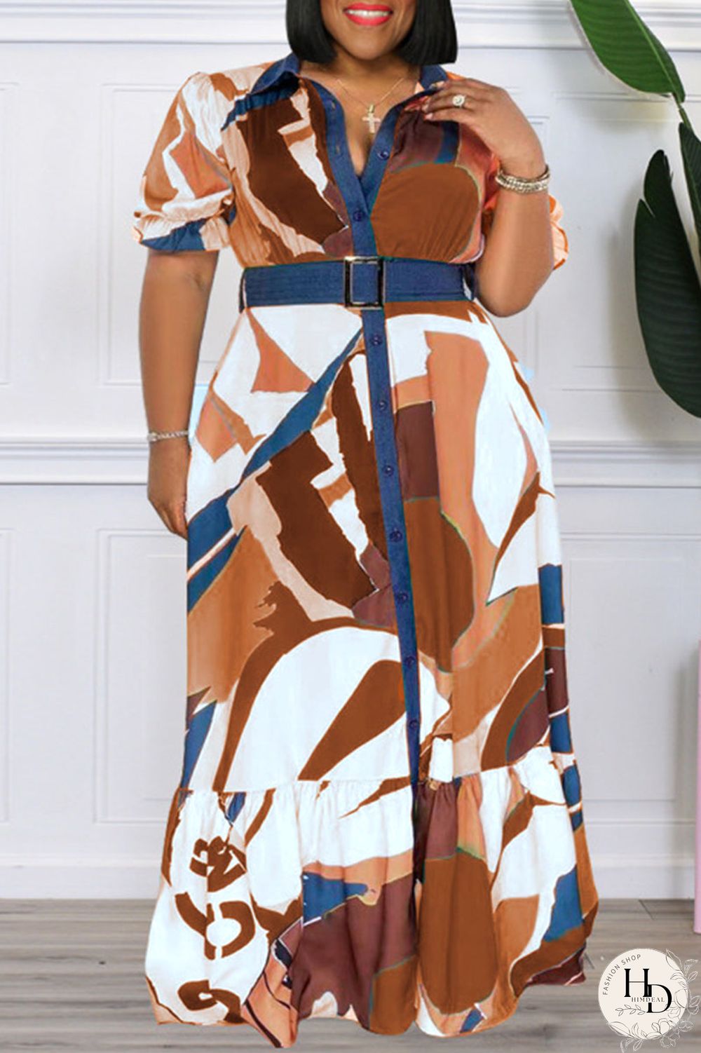 Tangerine Casual Print Patchwork Buckle Turndown Collar Straight Plus Size Dresses
