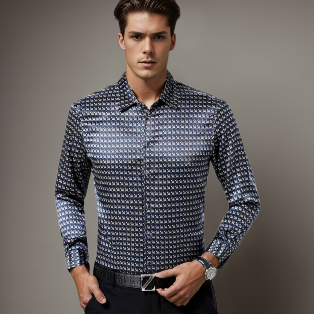 No-Iron Wrinkle-Free Men's Silk Shirt Houndstooth Style REAL SILK LIFE