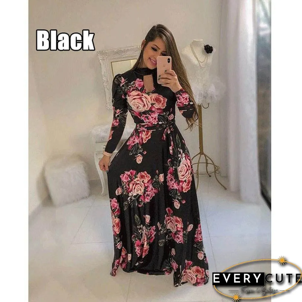 Women Fashion Long Sleeve Dress Maxi Dresses High Waist Flower Dress Party Dress