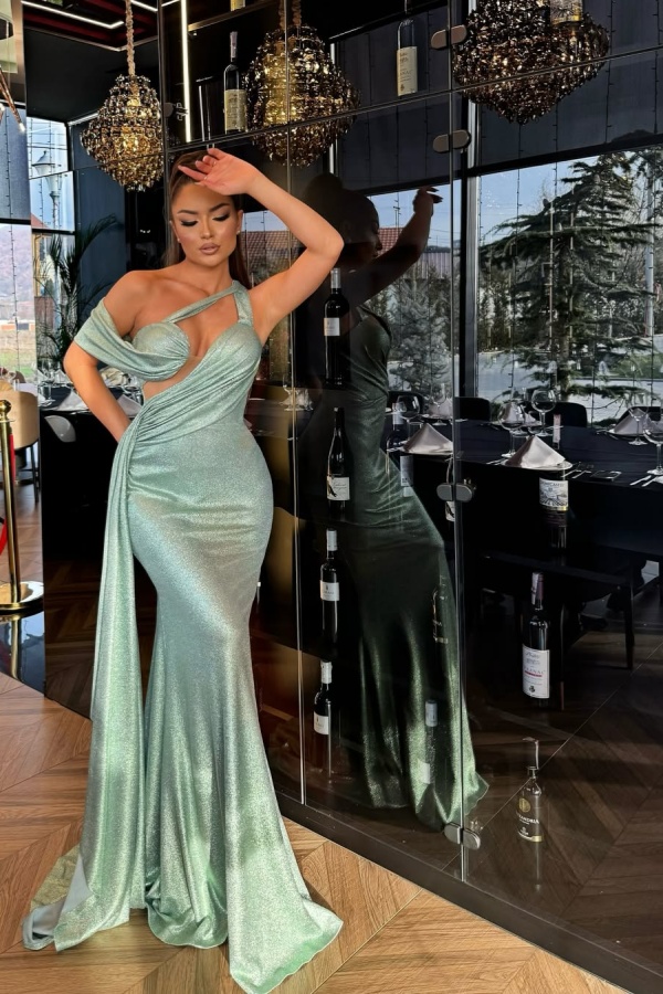  Elegant Mint Green One-Shoulder Mermaid Prom Dress with Dramatic Pleats – Ohprom