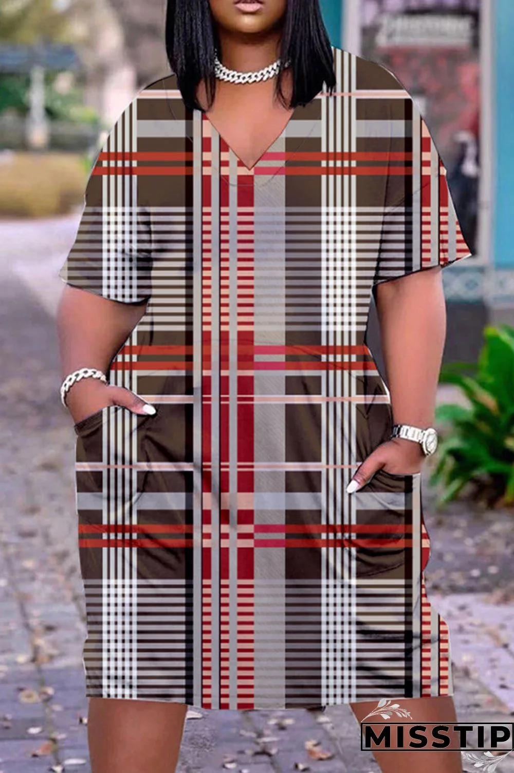 Brown Casual Print Patchwork V Neck Short Sleeve Dress