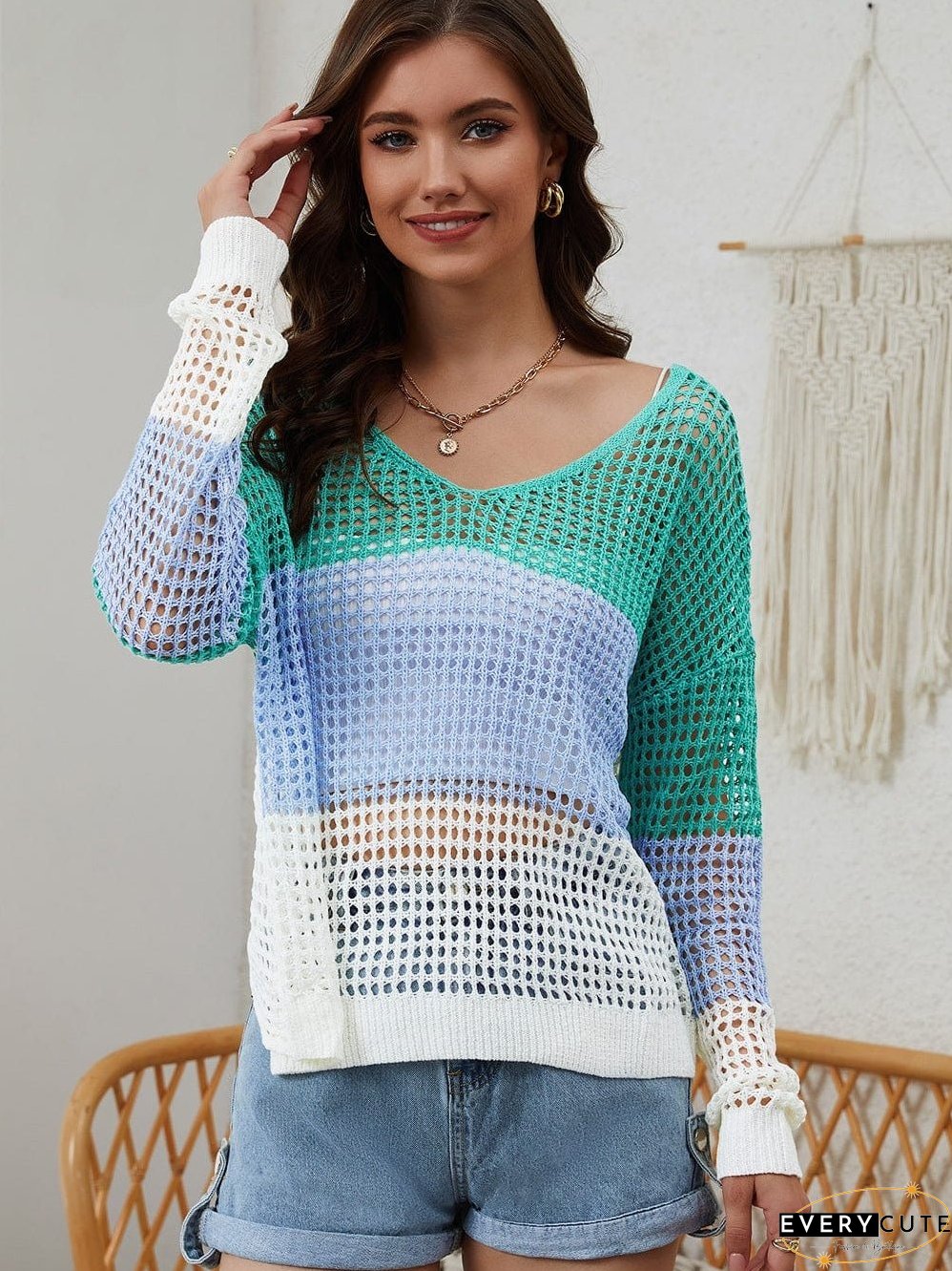 Colorful Eyelet Twist Back Knit Top with Long Sleeves