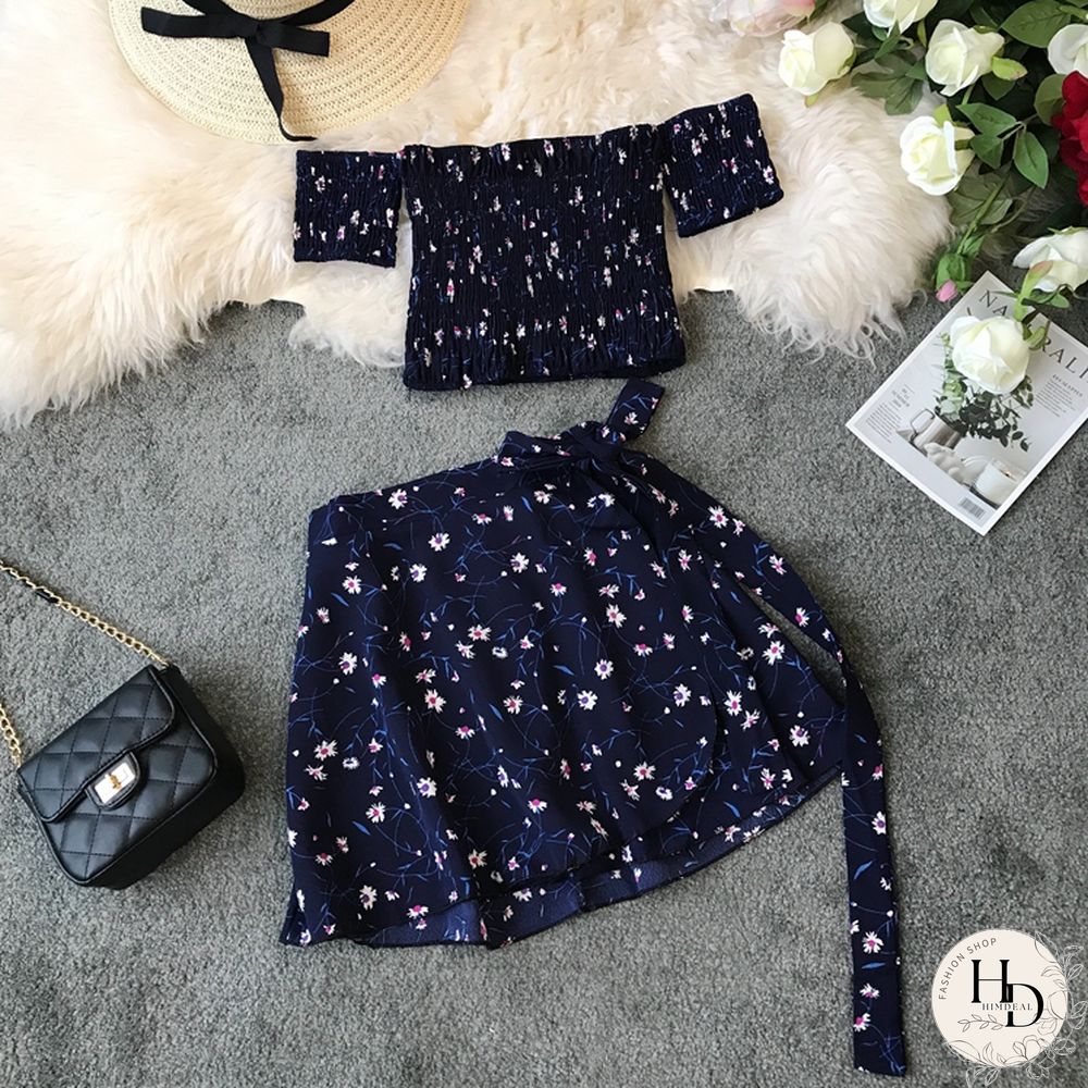 Two Piece Set Womens Sexy Summer Crop Top And Mini Skirt Off Shoulder Elastic Print Floral