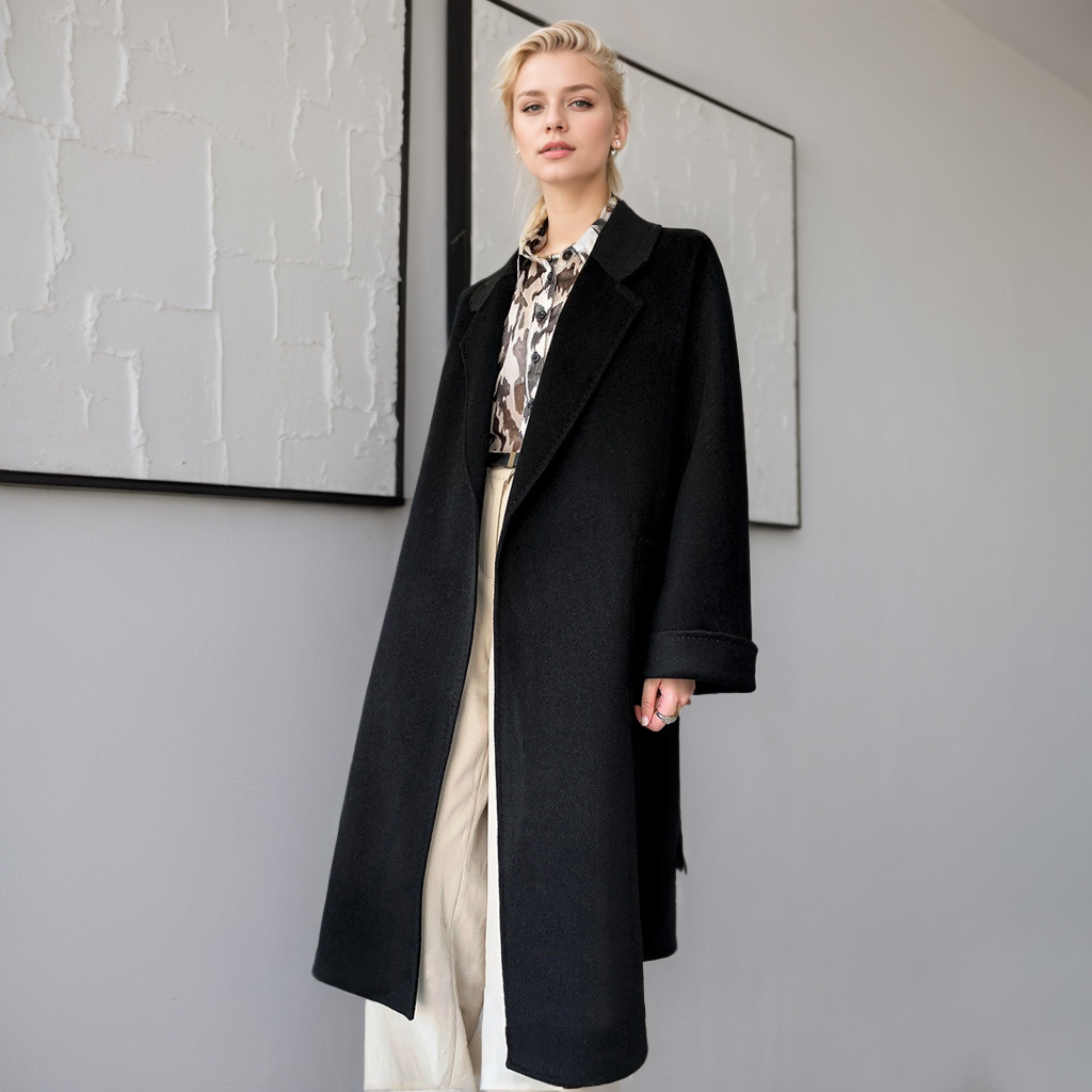 Elegant 100% Wool Coat with Belted Waist REAL SILK LIFE