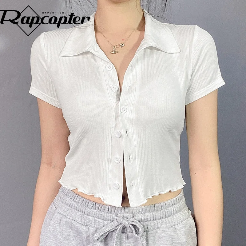 Rapcopter Single-Breasted Cardigans White Knitted Crop Top y2k Turn Down Collar T Shirt Short Sleeve Tshirt Women Harajuku Tee