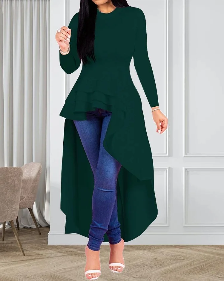 Round Neck Long Sleeve Lotus Leaf Ruffled Blouse
