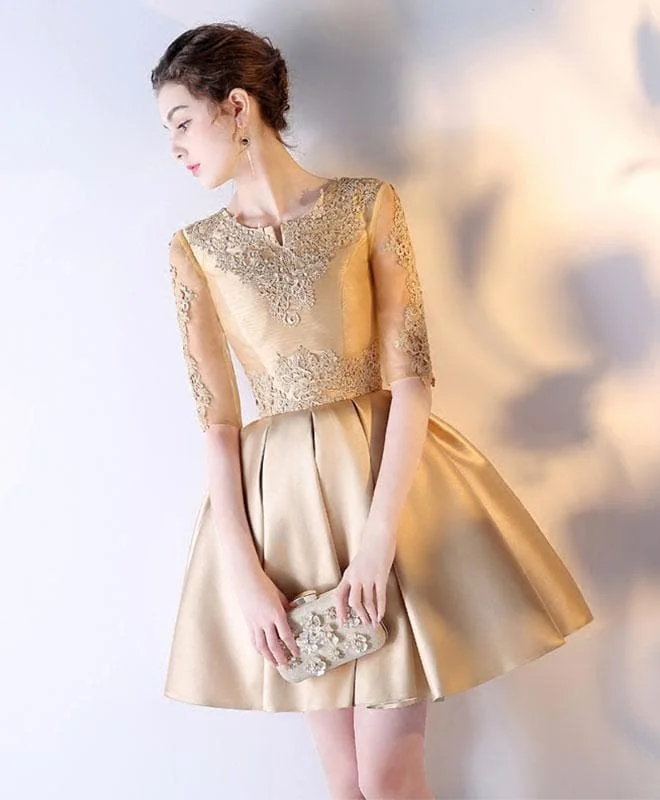 Gold Lace Satin Short Prom Dress, Gold Eveninng Dress