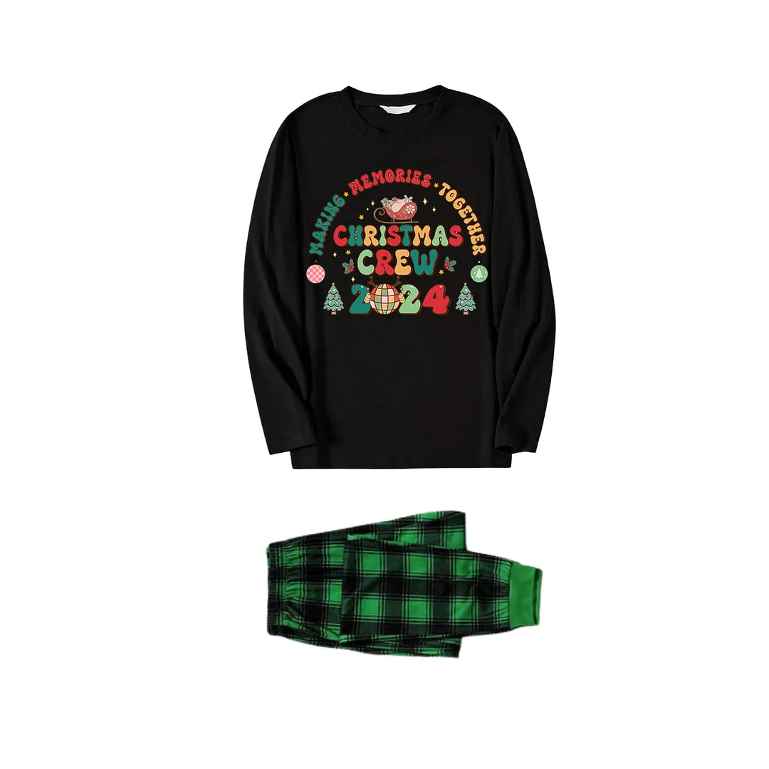 "Making Memories Together Christmas Crew 2024" Print Black Long Sleeve Top with Black And Green Plaid Pants Family Matching Pajamas