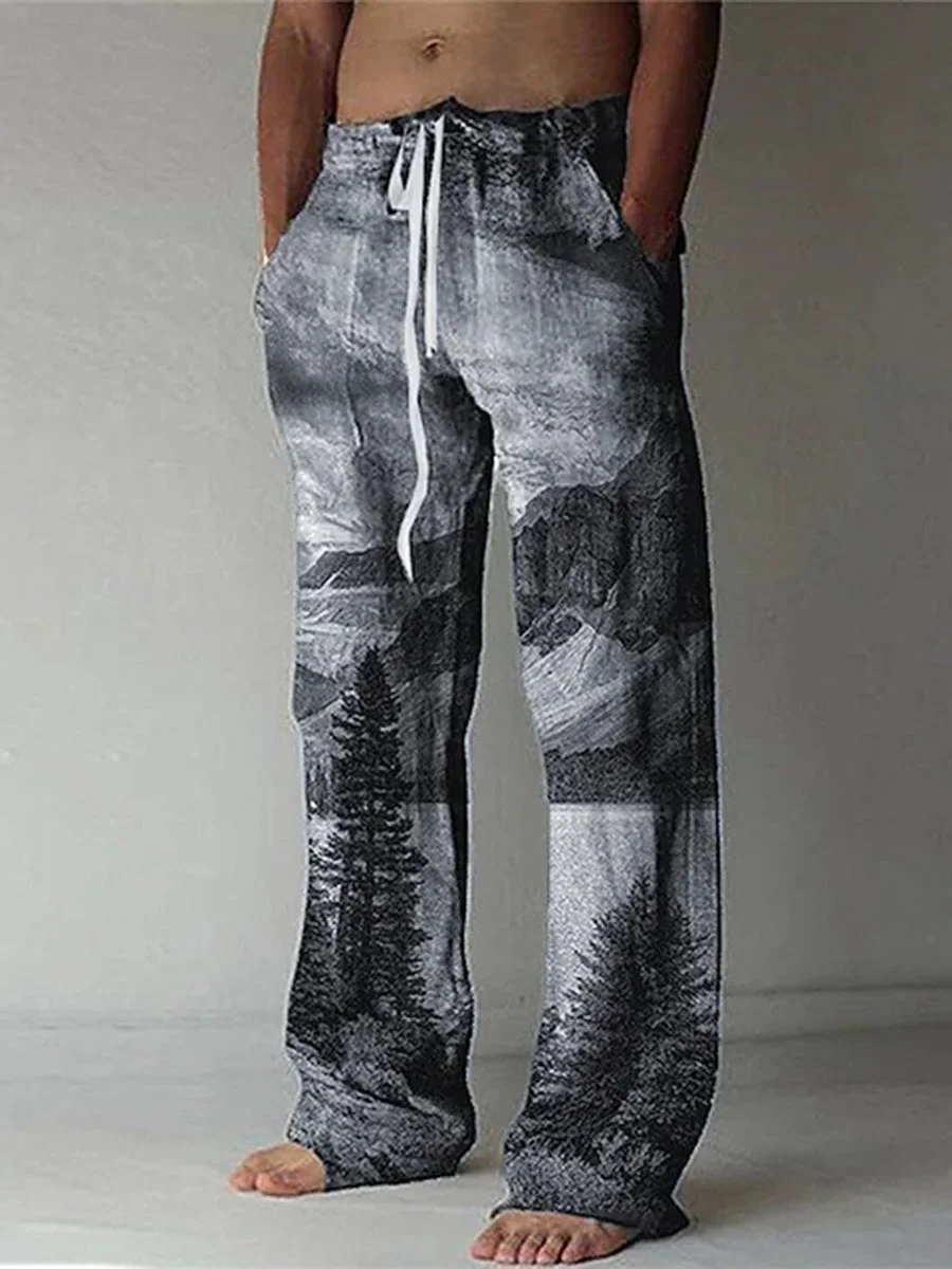 Men's Ethnic Style Plant Printed Cotton and Linen Casual Pants
