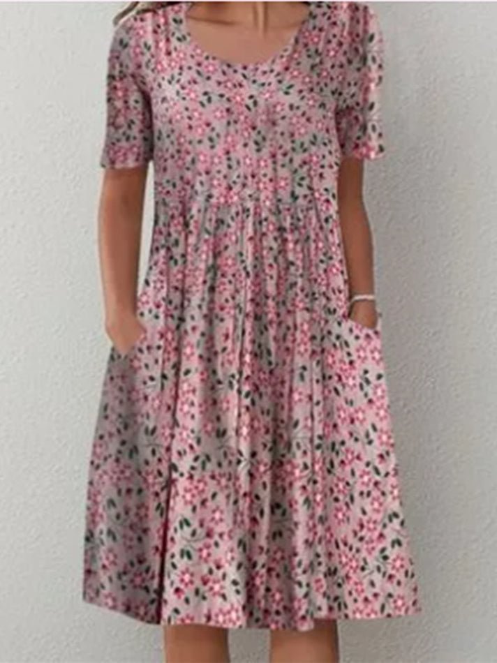 Women's Short Sleeve Scoop Neck Floral Printed Midi Dress