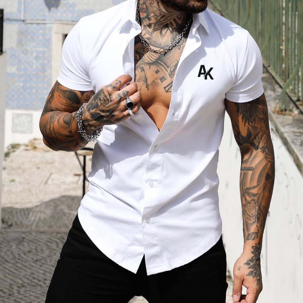 Men's Fashion AK Print Casual Slim Short Sleeve Shirt、、URBENIE