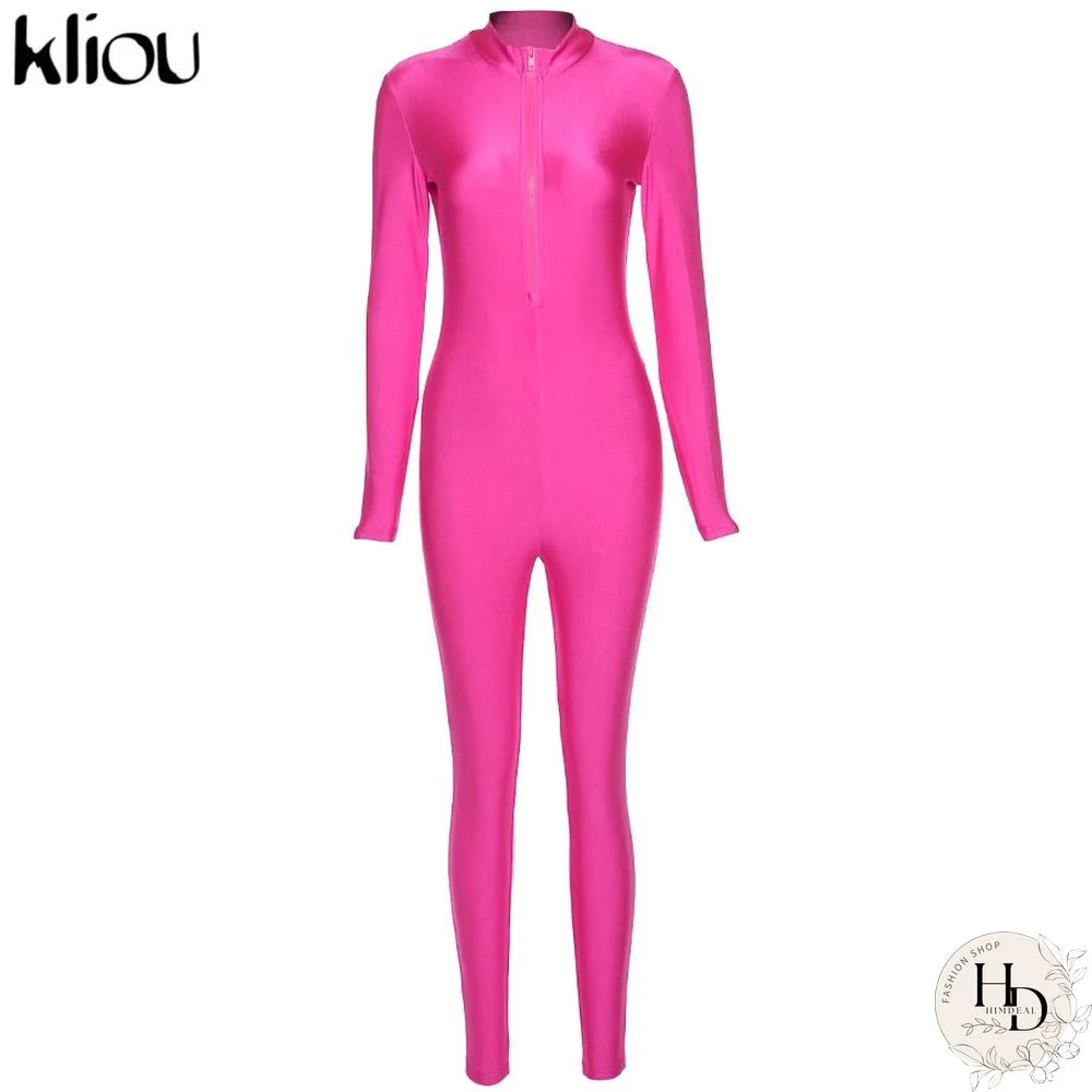 Kliou Zipper Solid Bodycon Womens Jumpsuit New Fashion Streetwear Skinny Long Sleeve One Piece Active Jumpsuits