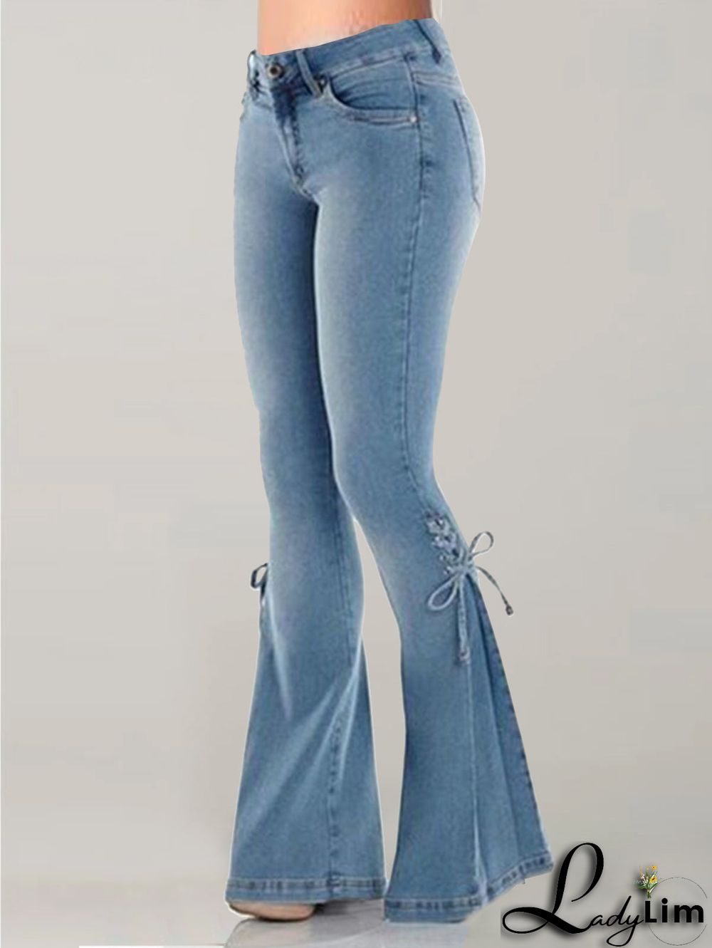 Fashion Plain Flare Leg Lace-Up Denim Slim Fit Pants