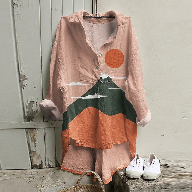 Japanese Cat Art Print Long Sleeve Casual Shirt