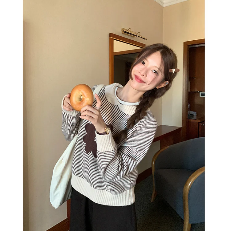 Athvotar Athvotar Autumn And Winter New Korean Casual Small Collar Striped Flower Sweater Women's Loose Long-Sleeved Knitting Top