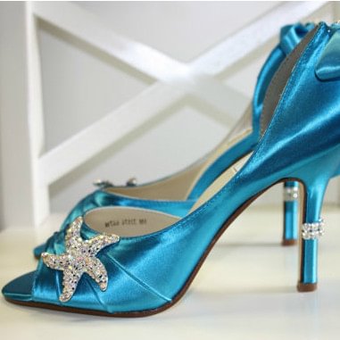 Blue Wedding Heels Satin Starfish Rhinestone Bow Pumps for Brides |FSJ Shoes