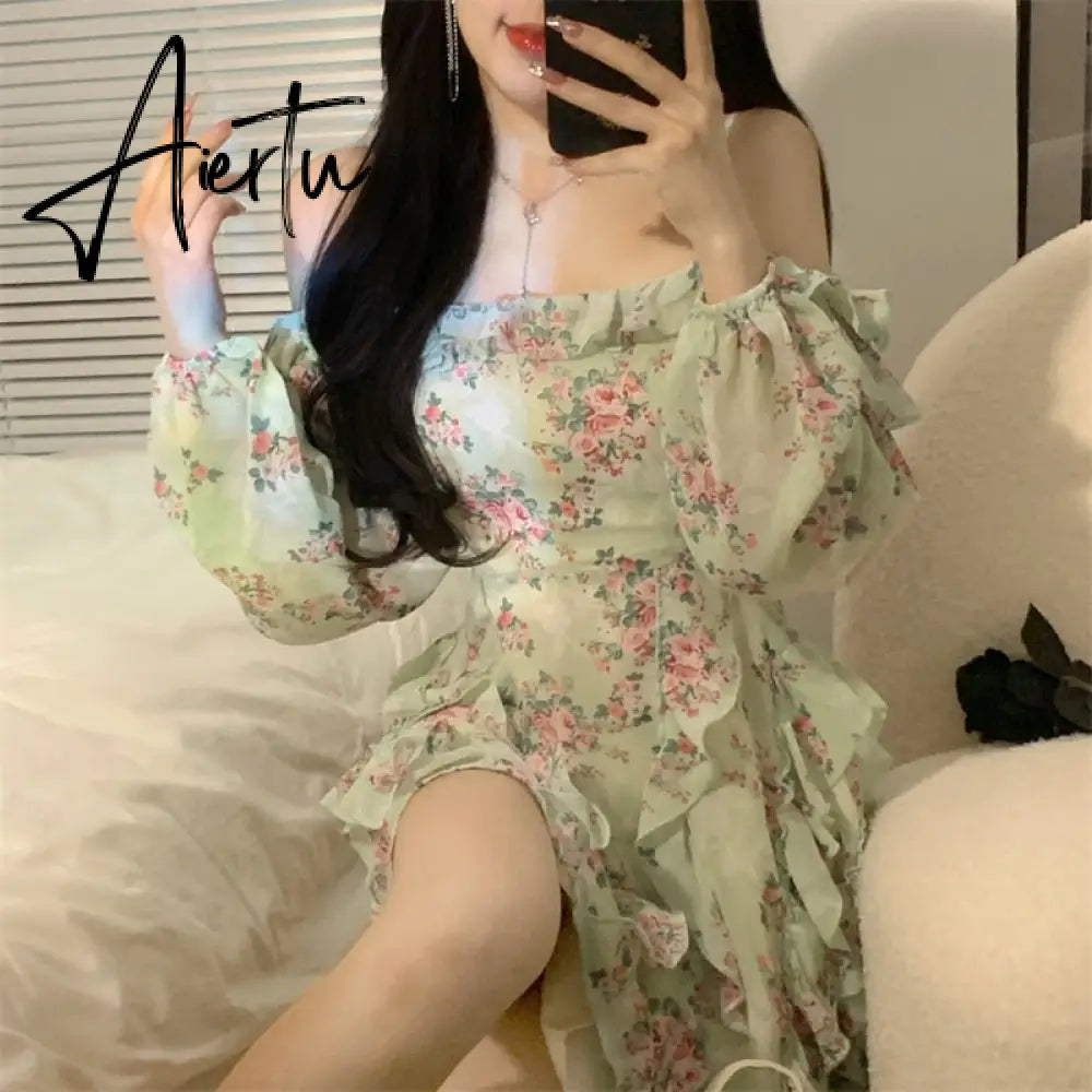 Summer New Off Shoulder Strap Dress Women Floral Short Dress Long Sleeve Bohemian A-line Beach Dress Robe Femme Clothing Aiertu
