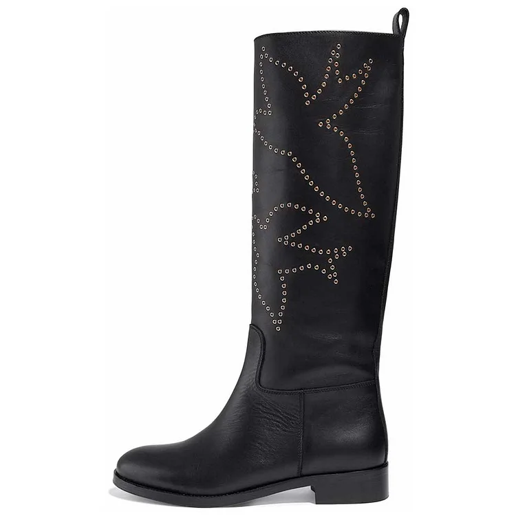 Black Pigeon-Shaped Grommet Round Toe Flat Boots for Women |FSJ Shoes