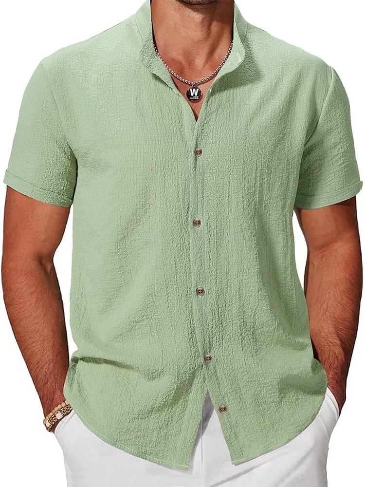 Men's summer casual cotton and linen stand collar solid color pleated short-sleeved shirt