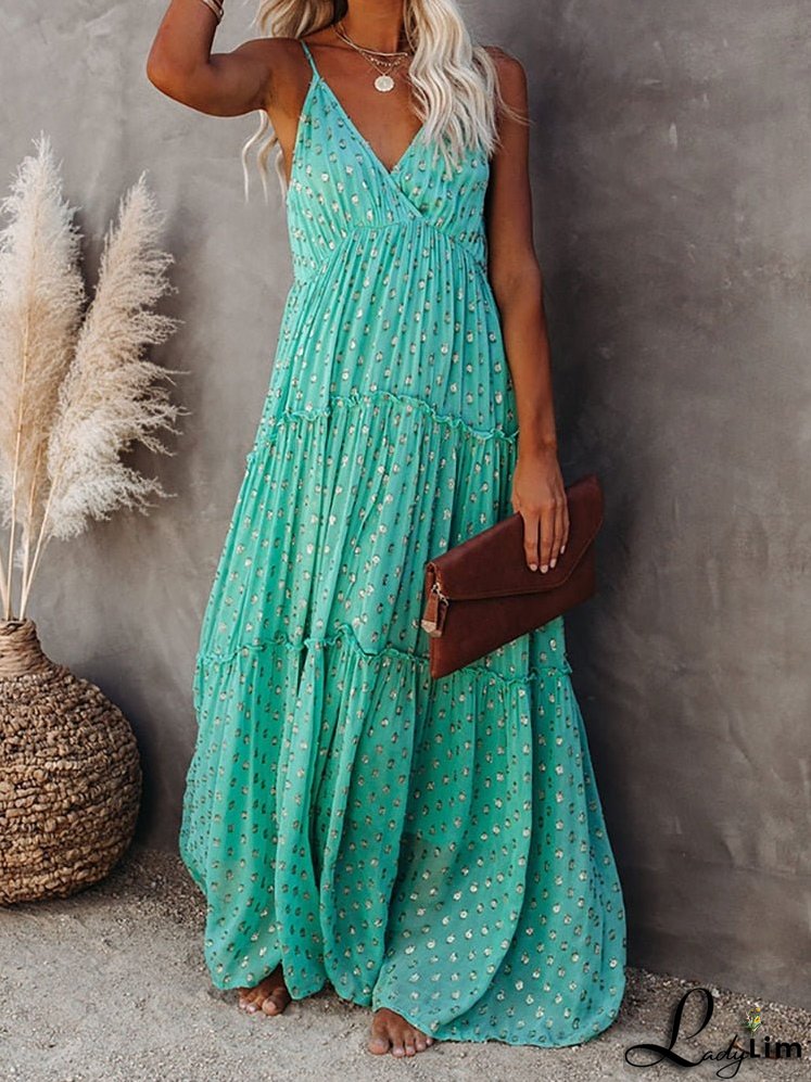 Women Spaghetti Strap Summer Floor Length Boho Sleeveless V Neck Long Dress