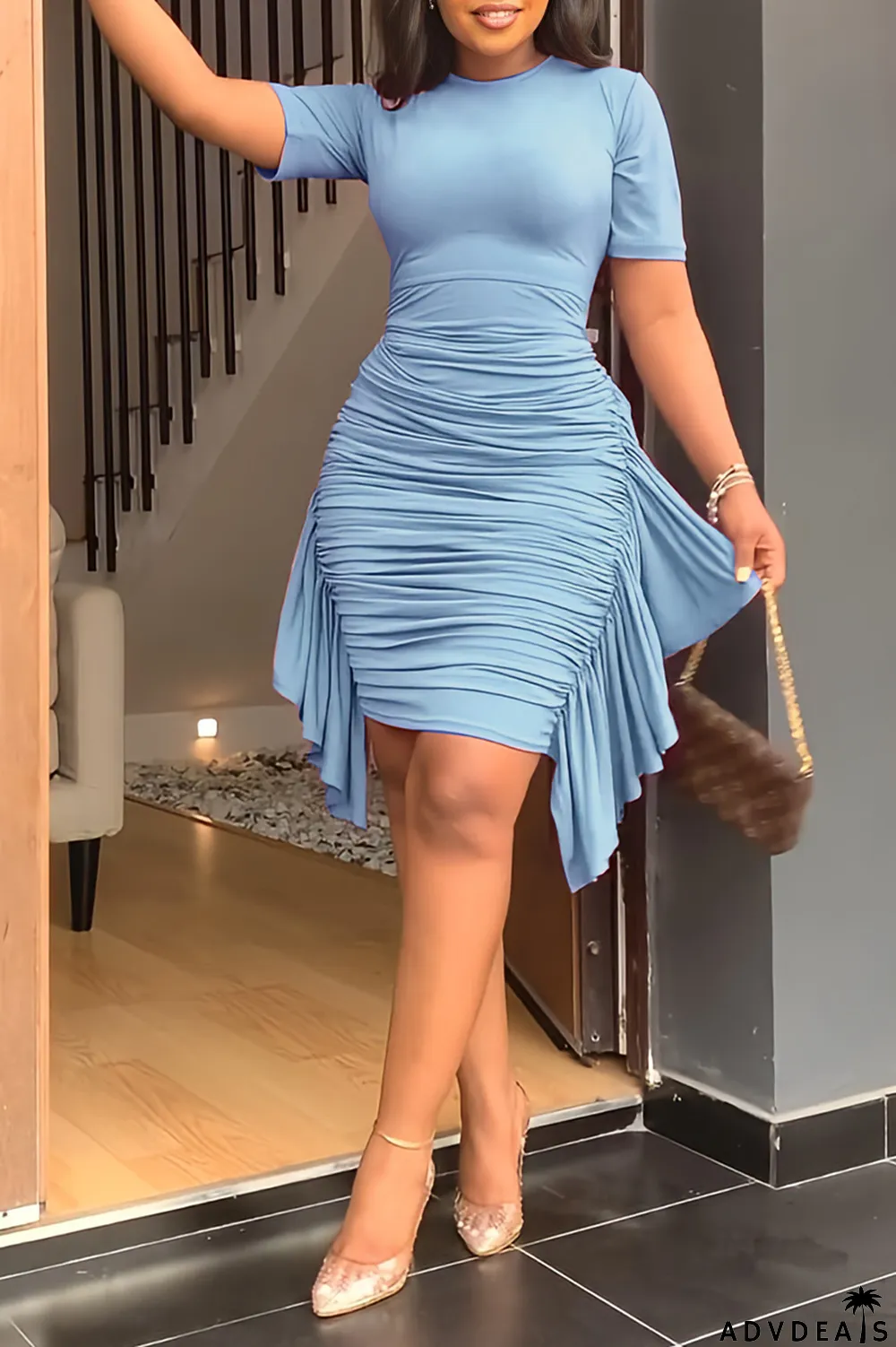 Brown Fashion Solid Flounce Fold O Neck Pencil Skirt Dresses