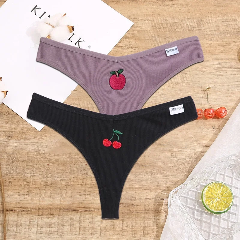 FINETOO 2/3PCS Women Lingerie Fruit Embroidery Panties G-string Sexy Low Rise Cotton Thongs Girl Underwear V-Waist Female Pantys