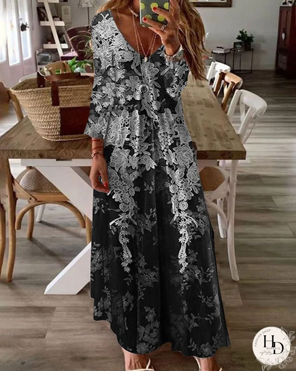 Casual V Neck Floral Print Long Dress