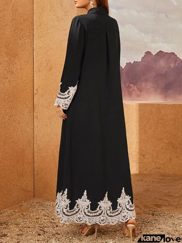 Long Sleeves Loose Buttoned Embroidered Lapel Maxi Dresses