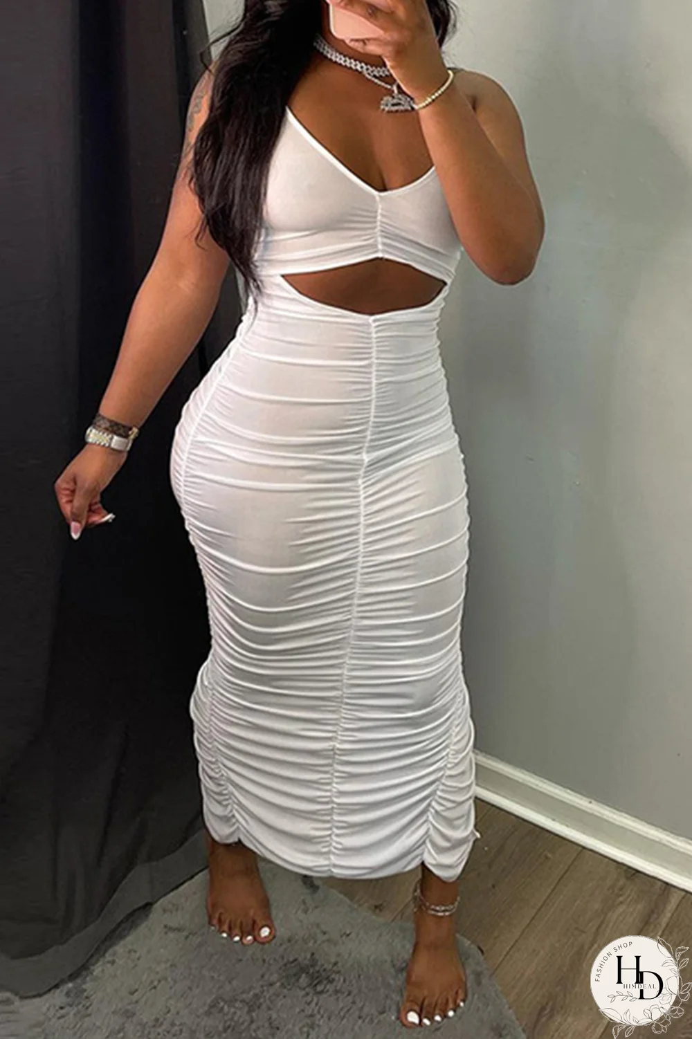 Black Sexy Solid Hollowed Out V Neck Pencil Skirt Dresses