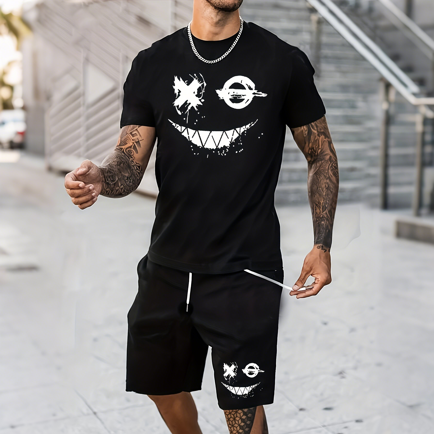 Men's Casual Street Print Sports Shorts Set