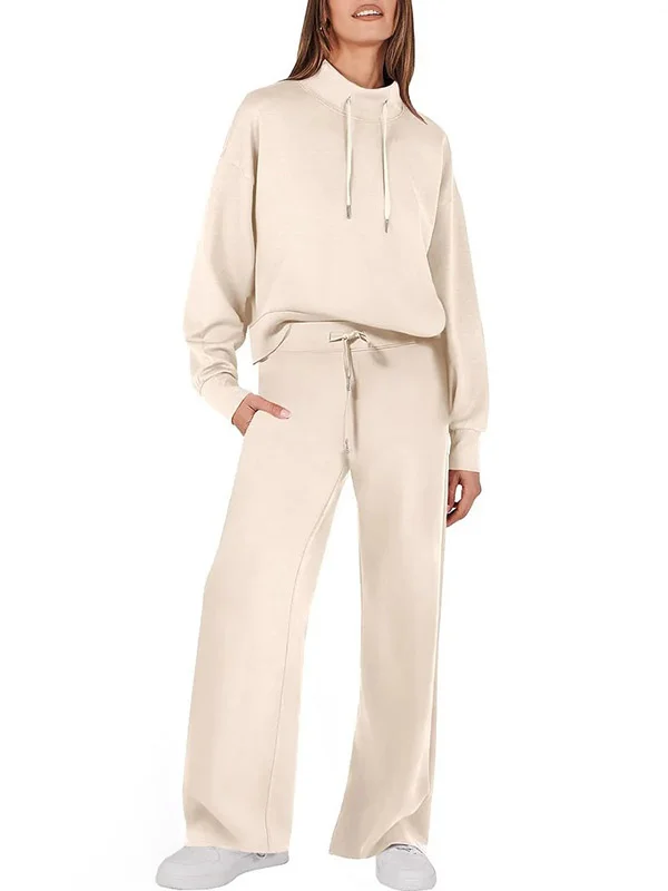 High Waisted Long Sleeves Drawstring Split-Joint Sweatshirt + Pants/Trousers Two Pieces Set