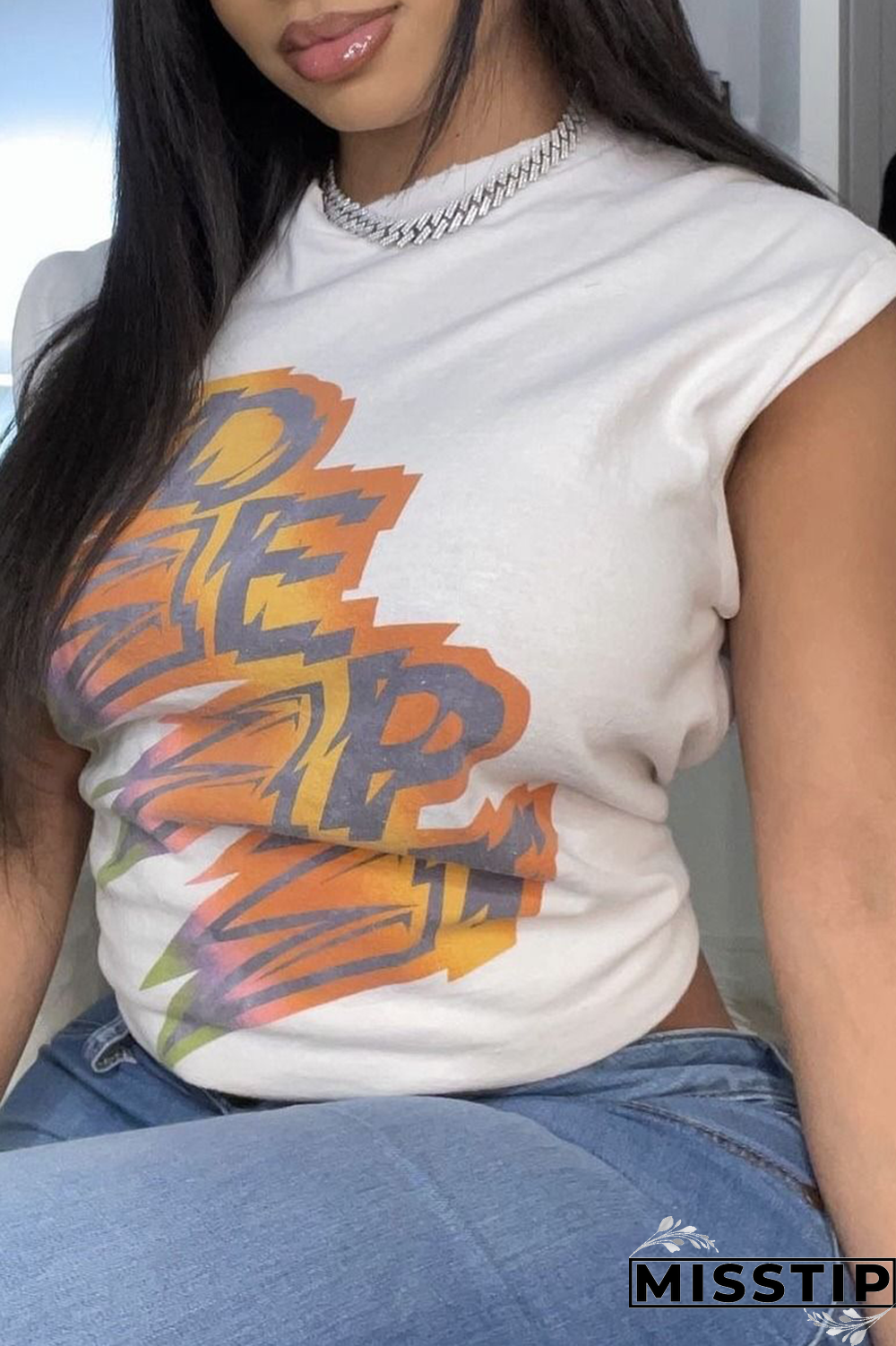 White Fashion Print Patchwork Letter O Neck T-Shirts