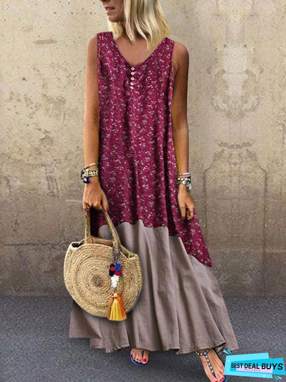 Sexy Round-Neck Bohemian Sleeveless Print Dress