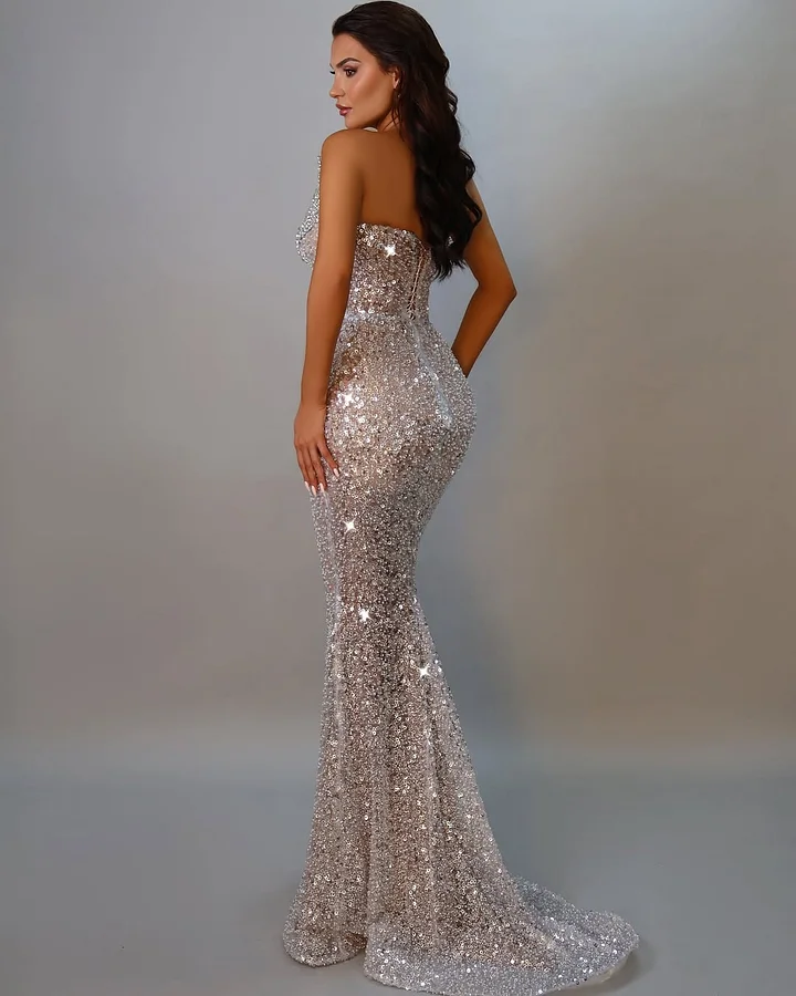Exquisite V-Neck Sleeveless Sequins Rhinestone Mermaid Prom Dress YK0084