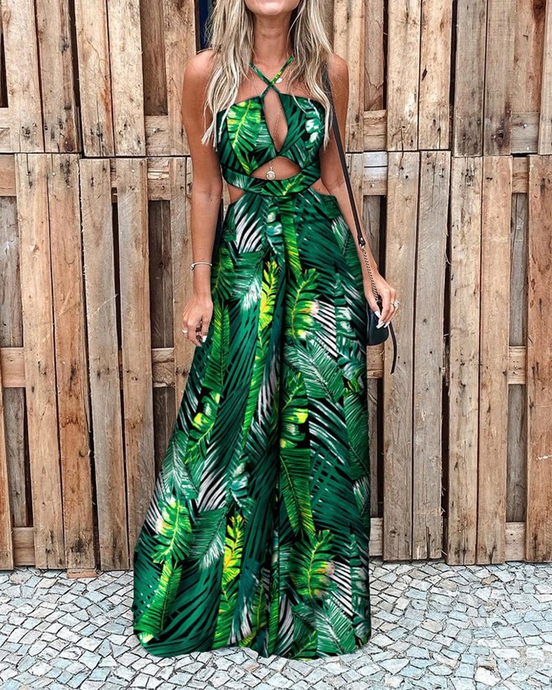 Printed sexy tie and waist-in jumpsuit