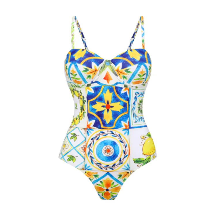 Blackless Majolica Print One Piece Swimsuit and Sarong Flaxmaker 