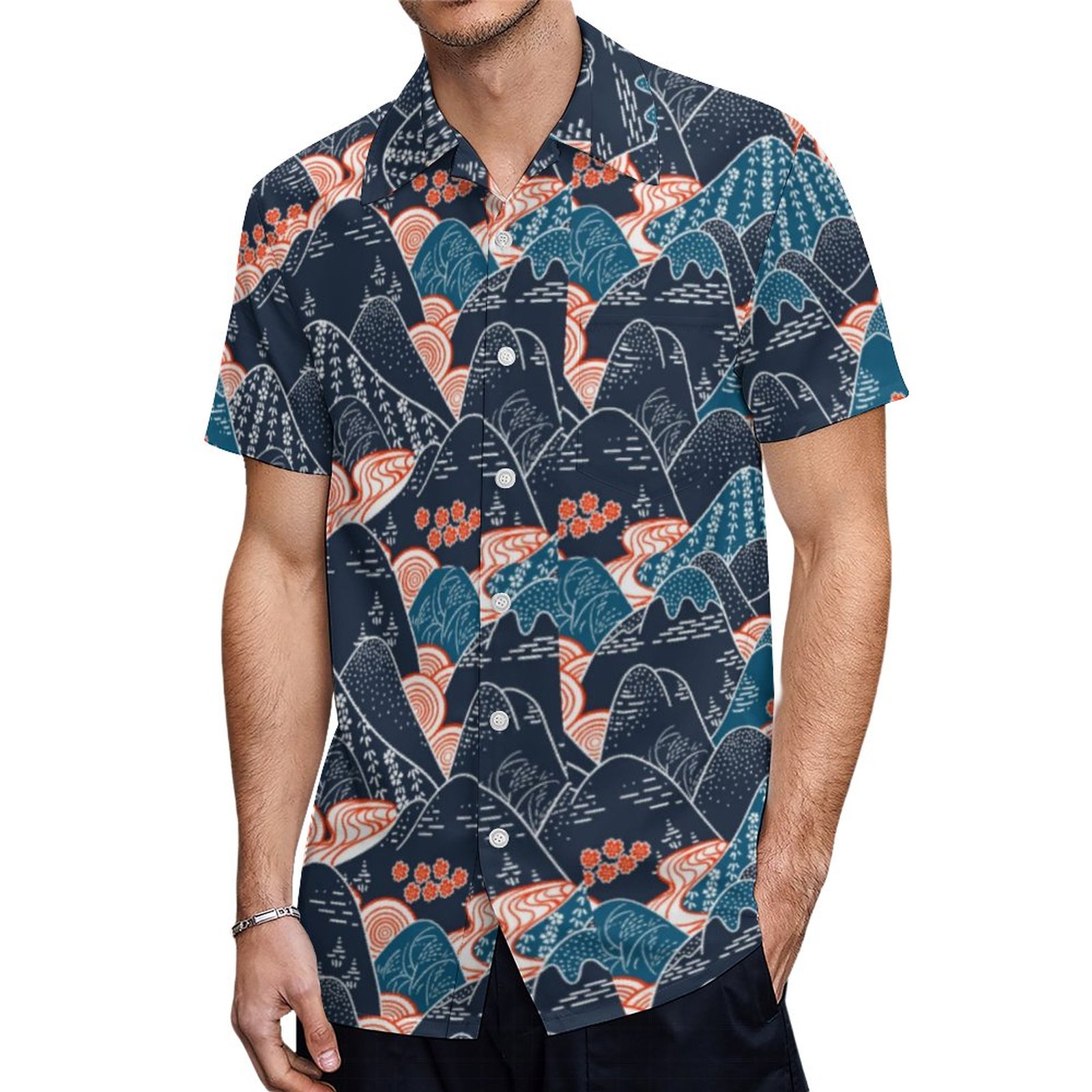 Japanese Traditional Mountain Painting Kimono Art Hawaiian Shirt Mens Button Down Tropical Hawaii Beach Shirts