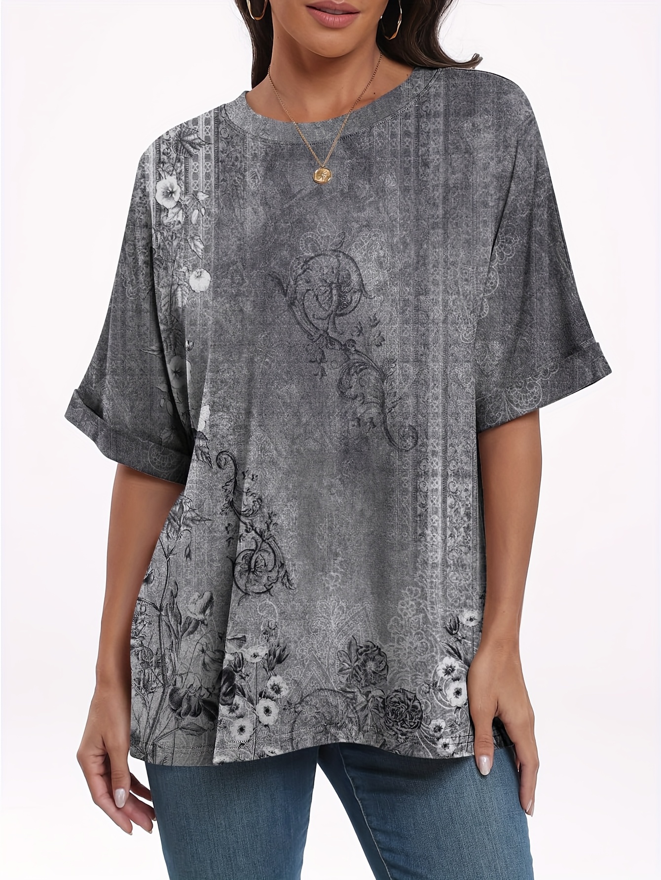 Womens Oversized Floral T-Shirt Blue Purple Print Relaxed Fit Everyday Casual Chic Top | IFYHOME