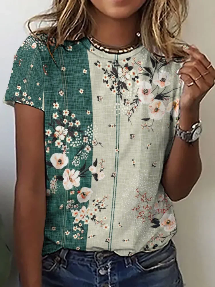 Printed Short Sleeve Casual T-shirt for  Women and Men Unisex Pattern Floral,Pink,Green,Stitch