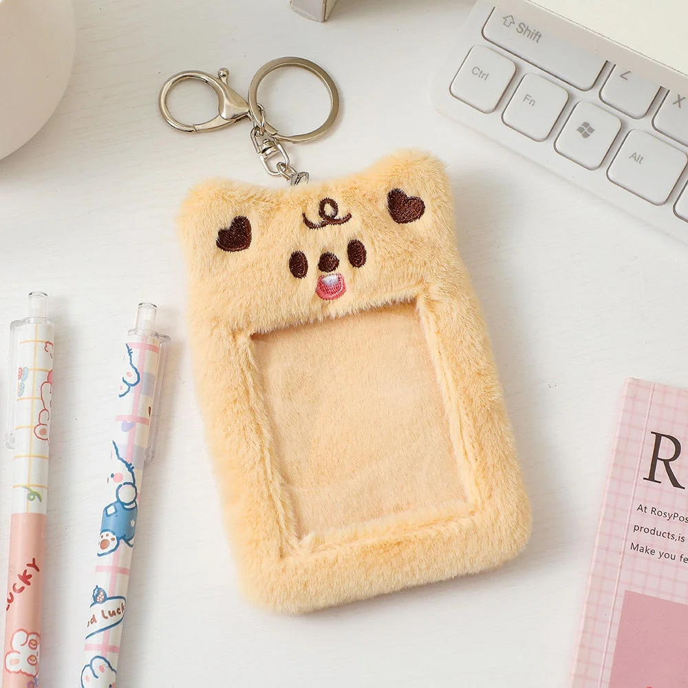 Korea Cute Bear Rabbit Plush Photocard Holder Kawaii Kpop Idol Photo Sleeve Case ID Card Cover With Keychain Bag Pendant Decor