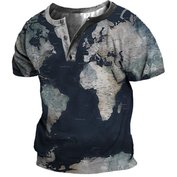 Men's Outdoor Vintage World Map Print Henley Shirt